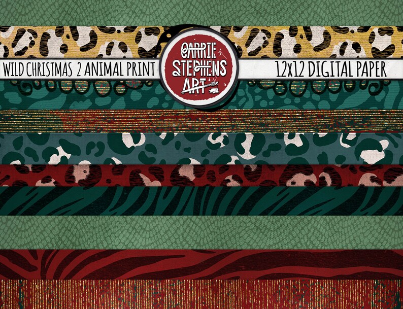 K&ouml;nnte beinhalten: Ein digitales Papierpaket mit 12x12 Zoll Mustern mit einem wilden Weihnachts-Thema. Die Muster beinhalten Leopardenmuster, Zebrastreifen und ein gr&uuml;nes und rotes geometrisches Design. Das Paket tr&auml;gt den Titel "Wild Christmas 2 Animal Print" und ist von "Carrie Stephens Art".