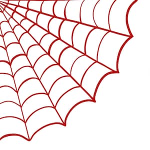 Pode incluir: Um desenho de teia de aranha vermelha sobre um fundo branco. A teia &eacute; desenhada em um estilo simples e de desenho animado.
