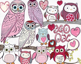 Pink & Purple Valentine Owl ClipArt, Cute Owl Digital Graphics, Girls Valentine Cards,  Instant Download, Printable Scrapbooking
