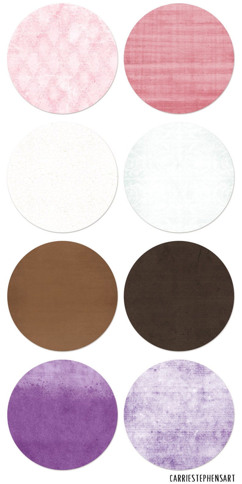 Op de afbeelding: Set van 8 digitale papiertexturen in verschillende kleuren en patronen, waaronder roze, wit, bruin en paars. De texturen zijn rond en hebben een grunge- of verweerde look.