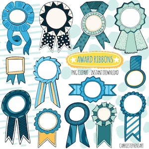 Blue Award Ribbon Clipart Graphics, Instant Download Winner Label Clip