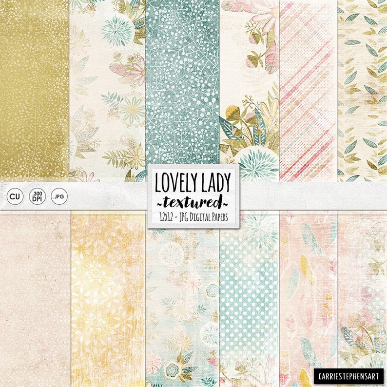 Puede incluir: Un conjunto de 12 papeles digitales con una variedad de patrones florales en tonos verdes, rosas y amarillos. Los papeles son de 30,5 x 30,5 cm y 300 DPI. El texto "LOVELY LADY ~textured~ 12x12 - JPG DIGITAL PAPERS" se muestra en la parte superior de la imagen.
