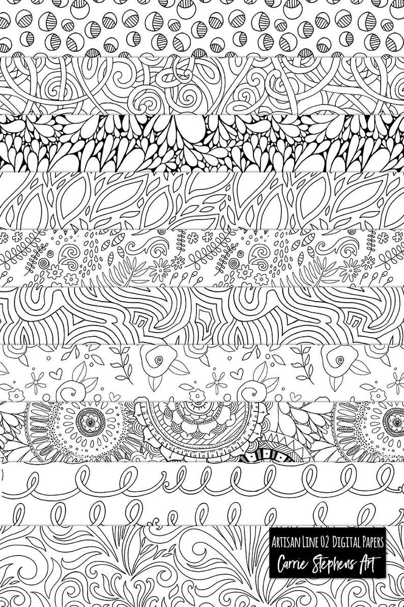 May include: A set of 10 digital papers featuring black and white abstract patterns. The patterns include swirls, dots, flowers, and geometric shapes. The papers are perfect for scrapbooking, card making, and other crafting projects. The text "Artisan Line 02 Digital Papers Carrie Stephens Art" is at the bottom of the image.