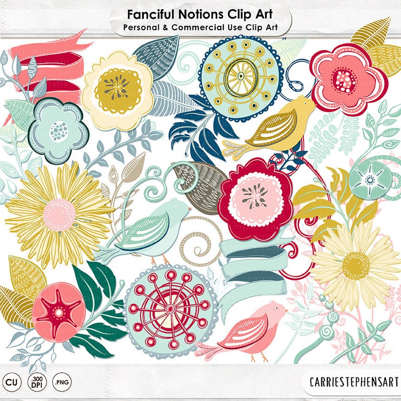 May include: A set of digital clip art featuring whimsical flowers, birds, and swirls in a variety of colors, including red, pink, yellow, blue, and green. The clip art is perfect for adding a touch of whimsy to any project.