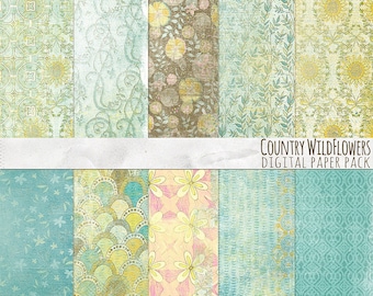 Vintage Scrapbook Backgrounds, Shabby Chic Floral Digital Paper, Wildflower Pattern Background, Country Sunshine Digital Scrapbook Paper