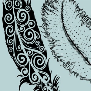 May include: Two black and white feather illustrations on a light blue background. One feather is detailed with swirling patterns, while the other has a more realistic, textured look.