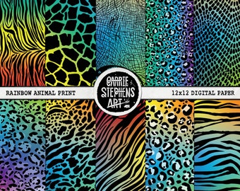 Wild Animal Print Digital Paper, Exotic Rainbow Leopard Pattern Background, Tiger King Printable Scrapbook Paper | Cheetah, Zebra, Giraffe