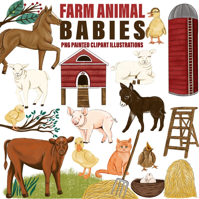 Painted Farm Animal Illustrations Kitten lamb Baby Nursery Cow Silo Chicken Coop Horse Cute Baby Animal ClipArt Pig Duck Donkey