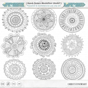 Imágenes prediseñadas de medallón dibujado a mano Zen, ilustraciones de arte de línea de mandala circular, decoración de adornos circulares, silueta de imágenes prediseñadas de doodle boho