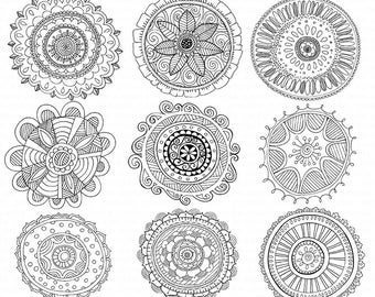 Zen Hand-Drawn Medallion ClipArt, Circle Mandala Line Art Illustrations, Circle Ornament Decoration, Bohemian Doodle Clip Art Silhouette