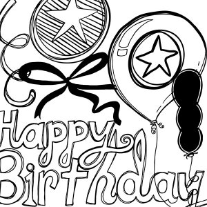 May include: Black and white illustration of balloons and a ribbon with the words "Happy Birthday" in a stylized font.