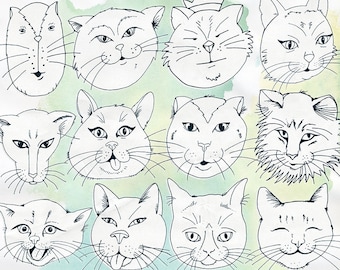 Cat Faces Line Art, Printable Cat Digital Stamps, Kitty ClipArt, Kitten, Card Making Outline Clip Art, Instant Digital Download
