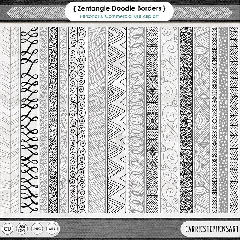 May include: A set of 16 black and white digital Zentangle doodle borders. The borders are in a variety of patterns, including swirls, dots, and geometric shapes. The borders are perfect for adding a touch of whimsy to your digital designs.