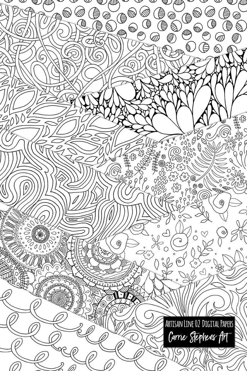 May include: A set of five digital papers featuring black and white line art patterns. The patterns include swirls, flowers, and geometric shapes. The papers are labelled "Artisan Line 02 Digital Papers Carrie Stephens Art".