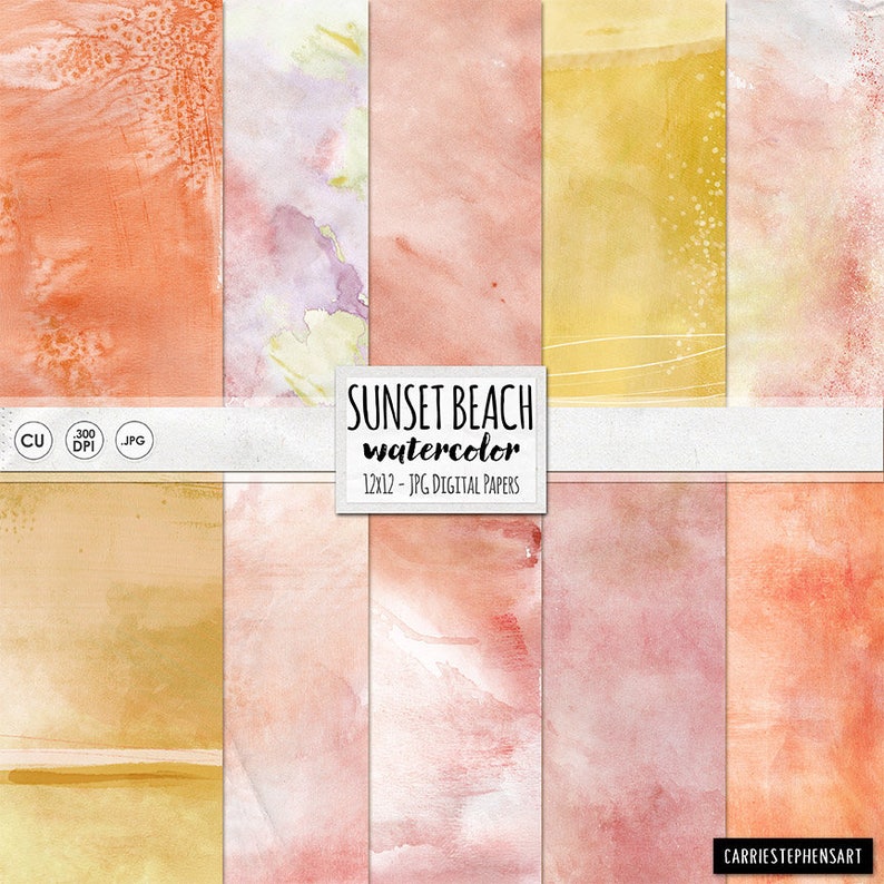 Coral Reef Watercolor Digital Paper, Sunset Watercolour Scrapbook Backgrounds, Pink, Yellow & Orange, Romantic Tropical Island Vacation image 1
