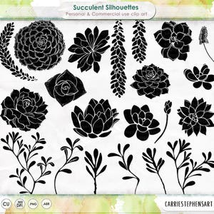 Succulent ClipArt, Flower Silhouette Images + Photoshop Brush, Hens & Chicks, Cactus Plant Digital Stamps, Wedding Invitation DIY Printable