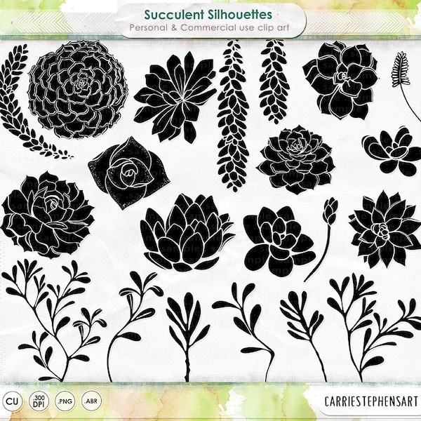 Imágenes prediseñadas suculentas, imágenes de silueta de flores + pincel de Photoshop, gallinas y polluelos, sellos digitales de plantas de cactus, invitación de boda DIY imprimible