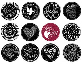 Valentine Circle Clip Art, 3 inch Round Images, Circle Digital Stamps - Photoshop Brushes + PNG Love, Kisses, Hearts