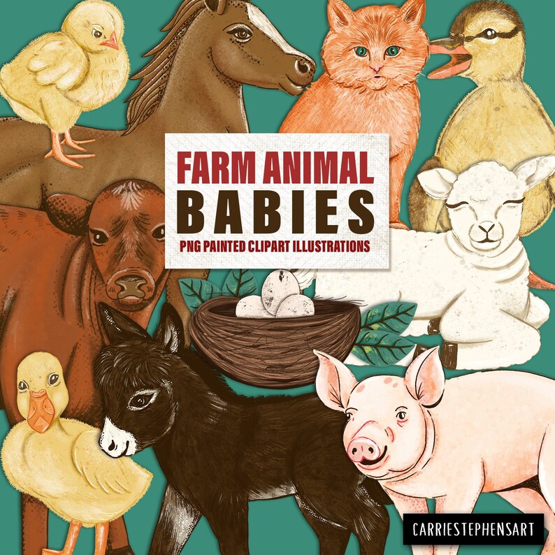 Painted Farm Animal Illustrations Kitten lamb Baby Nursery Cow Silo Chicken Coop Horse Cute Baby Animal ClipArt Pig Duck Donkey