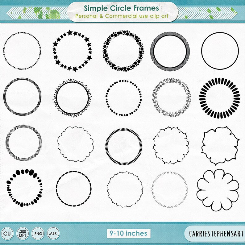 Pu&ograve; includere: Una collezione di semplici cornici circolari in bianco e nero con vari design, tra cui bordi a puntini, a forma di stella e smerlati. L'immagine include il testo "Simple Circle Frames" e la misura "9-10 pollici" (circa 23-25 cm).