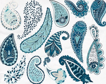 Paisley Clip Art, Navy Blue Hand-Drawn Paisley ClipArt Illustration, Trendy Bohemian Digital Graphics, Boho Wedding, Indigo Blue