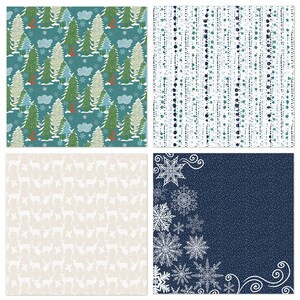 May include: Four digital paper patterns in a winter theme. The first pattern is a teal blue background with white snow, green trees, and orange foxes. The second pattern is a white background with blue and green dots. The third pattern is a cream background with white deer silhouettes. The fourth pattern is a dark blue background with white snowflakes and swirls.