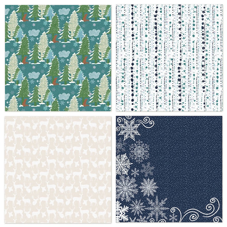 May include: Four digital paper patterns in a winter theme. The first pattern is a teal blue background with white snow, green trees, and orange foxes. The second pattern is a white background with blue and green dots. The third pattern is a cream background with white deer silhouettes. The fourth pattern is a dark blue background with white snowflakes and swirls.