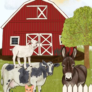 Peut inclure: Une grange rouge avec un X blanc sur le devant, une vache avec des taches noires et blanches, une ch&egrave;vre debout sur la vache, un chat couch&eacute; sur le sol et un &acirc;ne debout derri&egrave;re une cl&ocirc;ture en bois blanc.
