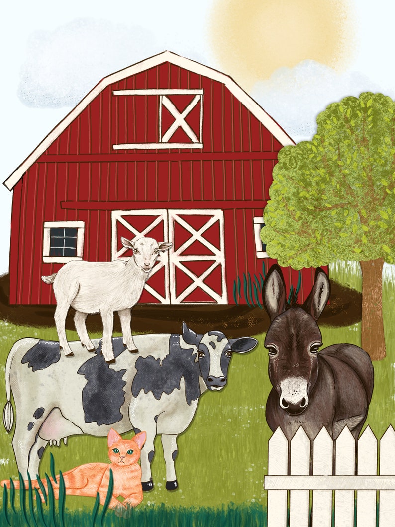 Peut inclure: Une grange rouge avec un X blanc sur le devant, une vache avec des taches noires et blanches, une ch&egrave;vre debout sur la vache, un chat couch&eacute; sur le sol et un &acirc;ne debout derri&egrave;re une cl&ocirc;ture en bois blanc.