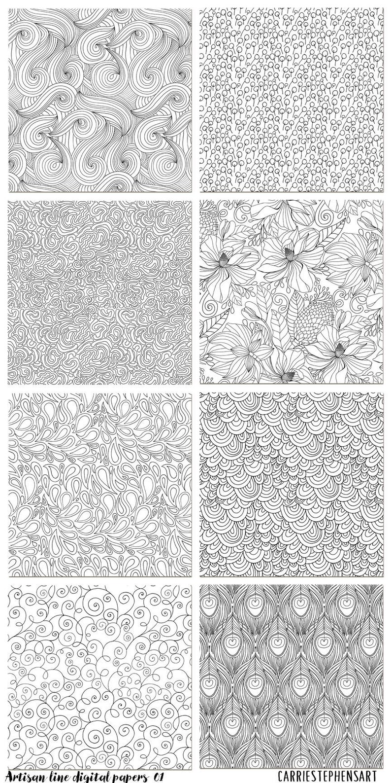 Puede incluir: Conjunto de seis papeles digitales en blanco y negro con varios patrones de arte lineal. Los patrones incluyen espirales, flores y formas geom&eacute;tricas.
