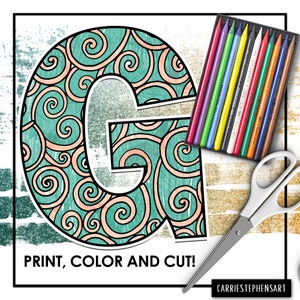 May include: Printable coloring page featuring the letter G with a swirling pattern. The page includes the text "PRINT, COLOR AND CUT!" and a set of colored pencils and scissors.