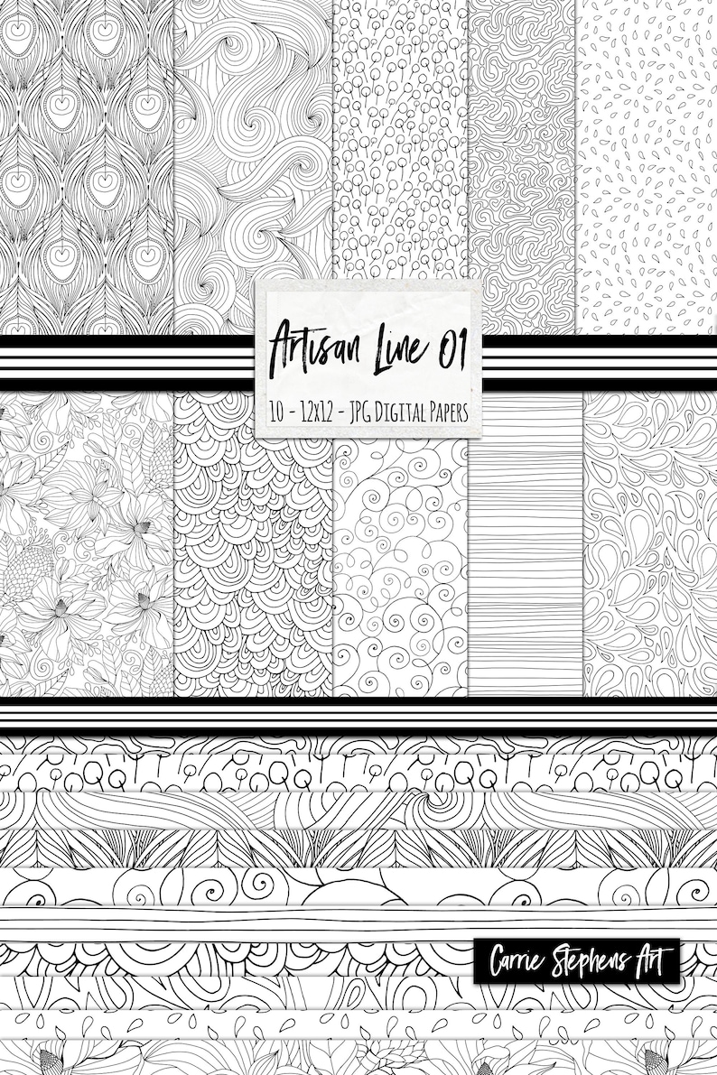 Black and White Pattern Digital Paper, Hand Drawn Line Illustrations, Mermaid Scale Pattern Background, Coloring Scrapbook Paper image 1