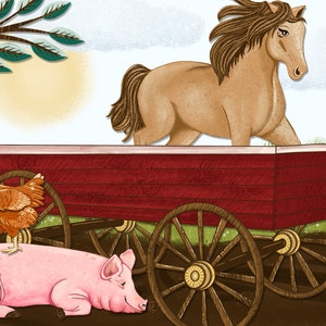 Peut inclure: Un cheval brun tire un chariot rouge avec une roue en bois brun. Une poule brune est assise sur un cochon rose couch&eacute; sur le sol.