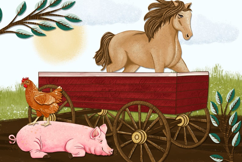 Peut inclure: Un cheval brun tire un chariot rouge avec une roue en bois brun. Une poule brune est assise sur un cochon rose couch&eacute; sur le sol.