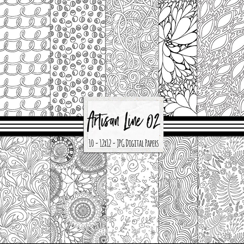 May include: Set of 10 black and white digital papers featuring intricate line art patterns. The patterns include swirls, dots, flowers, and leaves. The text "Artisan Line 02" and "10 - 12x12 - JPG DIGITAL PAPERS" is included in the image.