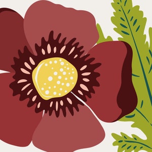May include: A close-up of a large, red flower with a yellow centre and green leaves. The flower has a textured, organic look.