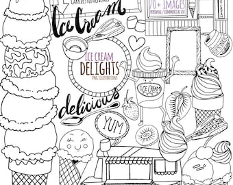 Printable Digital Stamps, Ice Cream Doodles, Black Line Art Illustrations, Summer ClipArt, Sweet Treats, Instant Download, Birthday Party