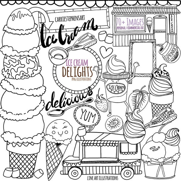 Printable Digital Stamps, Ice Cream Doodles, Black Line Art Illustrations, Summer ClipArt, Sweet Treats, Instant Download, Birthday Party