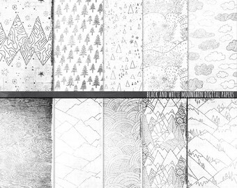 Black & White Digital Paper, Mountain Background Pattern Printable | JPG Instant Download