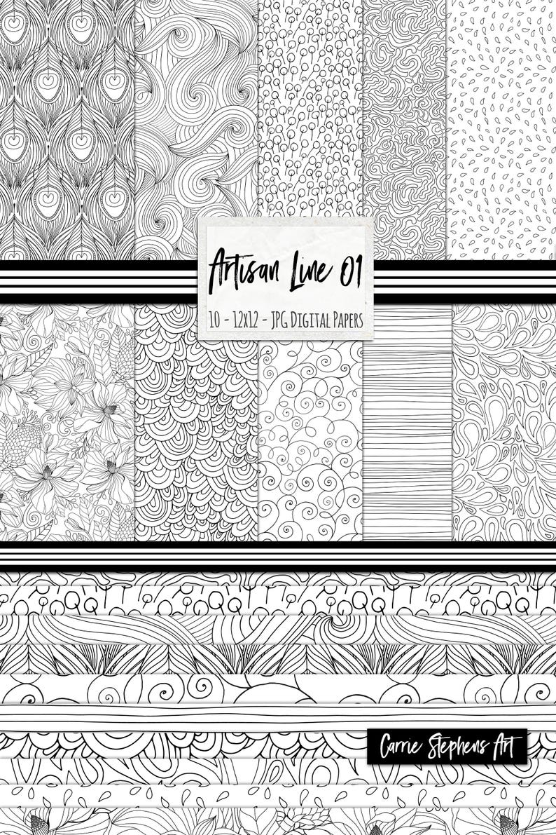 Puede incluir: Un conjunto de 10 papeles digitales con patrones de arte de l&iacute;nea en blanco y negro. Los patrones incluyen espirales, ondas, puntos y dise&ntilde;os florales. El texto "Artisan Line 01" y "10 - 12x12 - JPG DIGITAL PAPERS" est&aacute; incluido en la imagen.