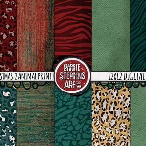 K&ouml;nnte beinhalten: Ein Set mit 12x12 Zoll gro&szlig;en digitalen Papieren mit einem wilden Weihnachtsmotiv. Die Papiere zeigen Tiermuster in Rot, Gr&uuml;n und Gold. Der Text "WILD CHRISTMAS 2 ANIMAL PRINT" ist oben im Bild sichtbar.