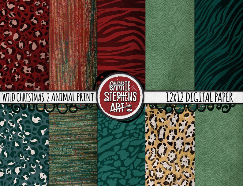 K&ouml;nnte beinhalten: Ein Set mit 12x12 Zoll gro&szlig;en digitalen Papieren mit einem wilden Weihnachtsmotiv. Die Papiere zeigen Tiermuster in Rot, Gr&uuml;n und Gold. Der Text "WILD CHRISTMAS 2 ANIMAL PRINT" ist oben im Bild sichtbar.
