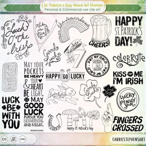 May include: Black and white digital stamps with St. Patrick's Day themed illustrations and text.  The stamps include phrases like "Luck o' the Irish", "Happy Go Lucky", "Kiss Me I'm Irish", and "Fingers Crossed".