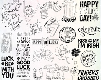 St Patrick's Word Art Digital Stamps + Photoshop Brush, Irish Blessing Scrapbook Titles, Woodland Mushrooms & Clover, Beer ClipArt
