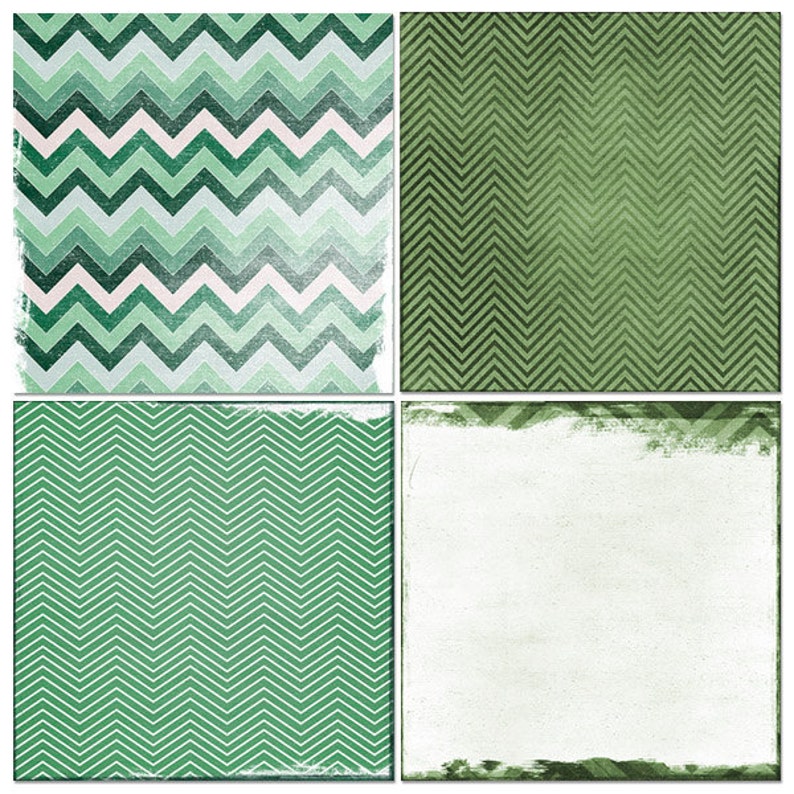 May include: Four digital paper squares with a green chevron pattern. The top left square has a multi-colored chevron pattern. The bottom right square is blank.
