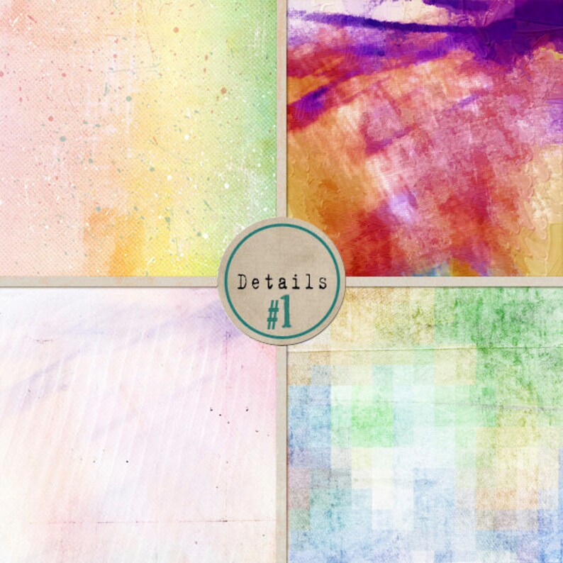 May include: A digital collage of four watercolor-style images. The top left image is a yellow and green gradient with white speckles. The top right image is a red, orange, and purple gradient with brushstrokes. The bottom left image is a light pink and purple gradient with a subtle striped pattern. The bottom right image is a blue, green, and white gradient with a checkered pattern. The center of the image has a brown circle with the text "Details #1".