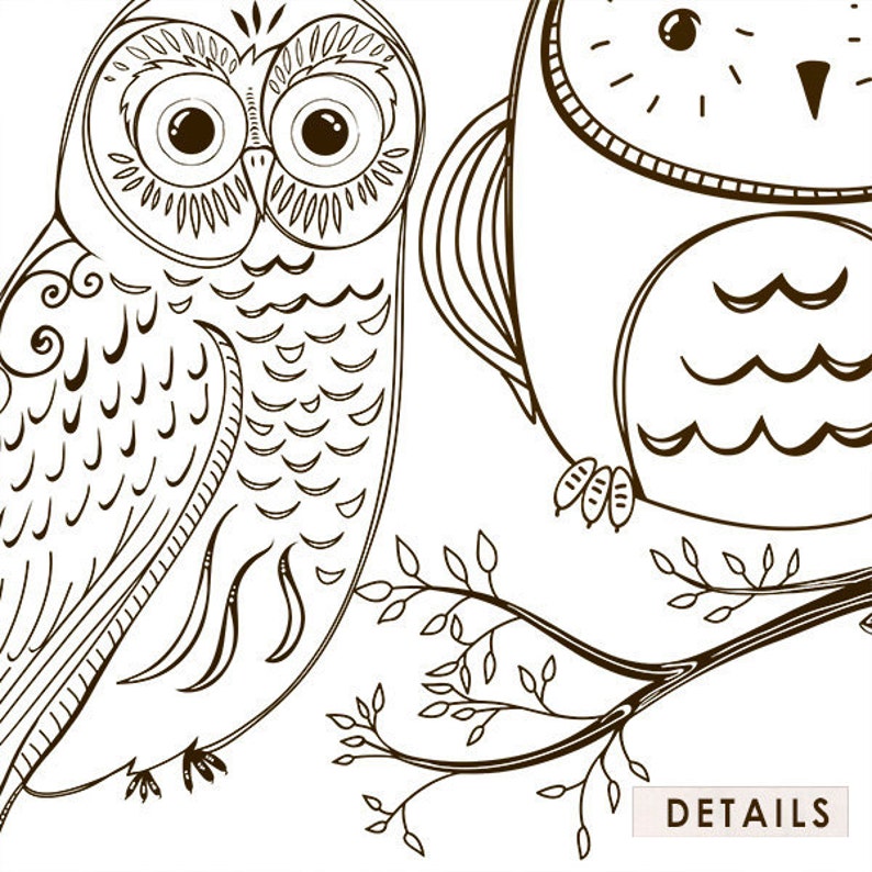 Owl Digital Stamp Outline, Cute Woodland Owl Line Art, PNG Doodle Photoshop Brush, Owl Hand Embroidery Clip Art Pattern Download image 2