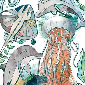 May include: Watercolor painting of an underwater scene with a variety of sea creatures, including dolphins, fish, a jellyfish, a seahorse, and a hermit crab. The painting is done in shades of blue, green, and orange.