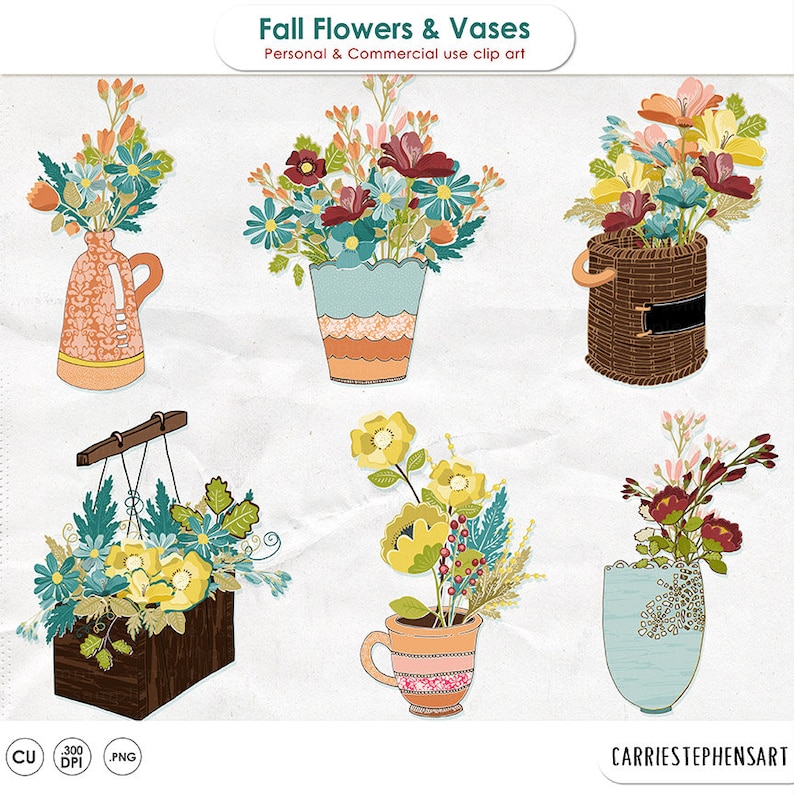 K&ouml;nnte beinhalten: F&uuml;nf Illustrationen von Herbstblumen in verschiedenen Vasen. Die Blumen sind in Gelb-, Orange-, Rot- und Rosat&ouml;nen gehalten. Die Vasen sind in Braun-, Blau- und Oranget&ouml;nen gehalten. Die Illustrationen befinden sich auf einem wei&szlig;en Hintergrund mit einem strukturierten Papiereffekt.