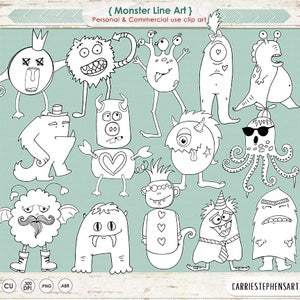 Monster Digital Stamps. PNG Black Line Art, Silly Monster Doodles, Children ClipArt, Hand Embroidery Graphics Photoshop Brush image 2